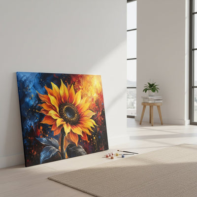 A large canvas painting of a vibrant sunflower leaning against a white wall in a bright, modern room. The painting features a bright yellow and orange sunflower with dark blue and black textured background details. Dreamy Sunflower - Paint by numbers lifestyle