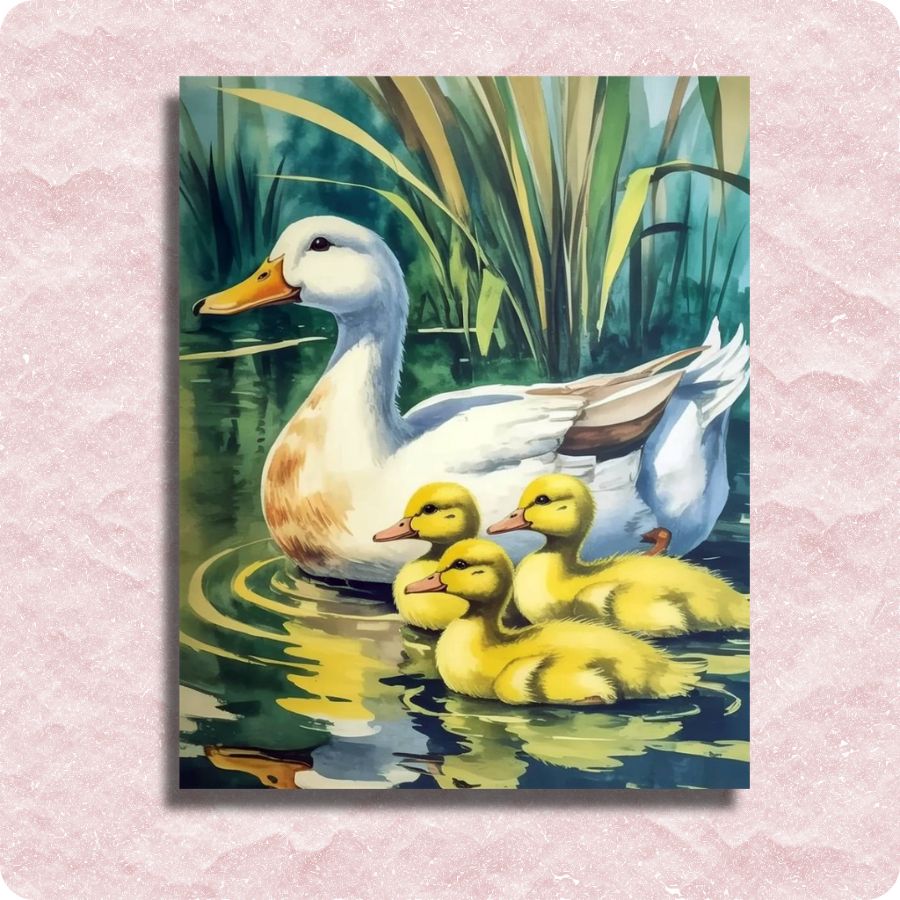 Painting of a mother duck with her three ducklings on water with greenery in the background. Ducks Family Paint by Numbers
