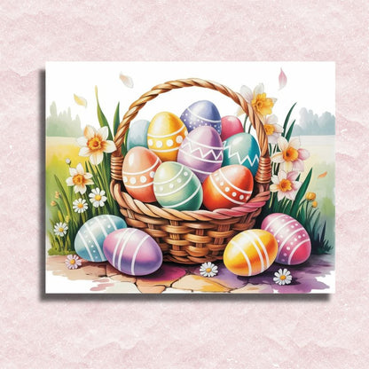 Basket of colorful Easter eggs with flowers on a decorative card. Easter Egg Basket - Paint by numbers