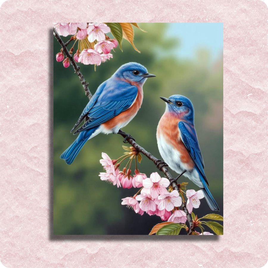 Two blue birds perched on a branch with pink flowers against a blurred green background. Eastern Bluebirds - Paint by numbers