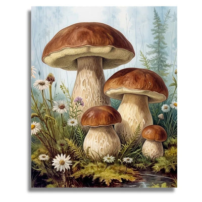 Illustration of mushrooms and flowers in a forest setting. Enchanted Mushrooms Paint by Numbers