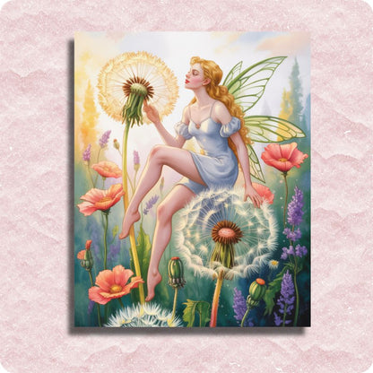 Fairy sitting on a dandelion with colorful flowers in the background. Fairy with Dandelions - Paint by numbers