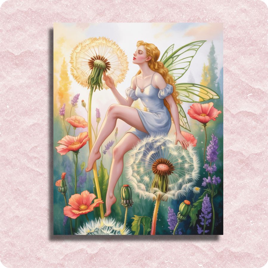 Fairy sitting on a dandelion with colorful flowers in the background. Fairy with Dandelions - Paint by numbers