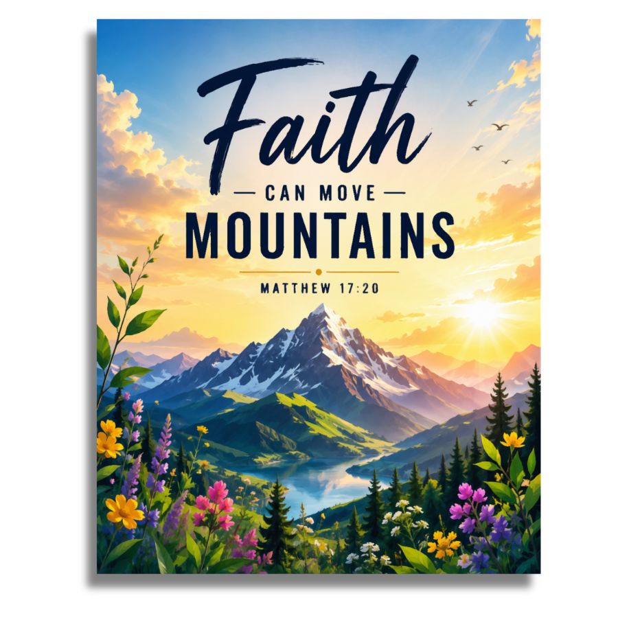 Poster with mountain landscape and 'Faith Can Move Mountains' text. Paint by numbers