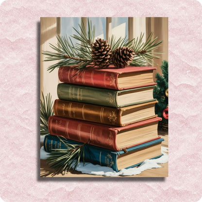Stack of books with pine cones and branches on a textured pink background. Festive Book Stack - Paint by numbers