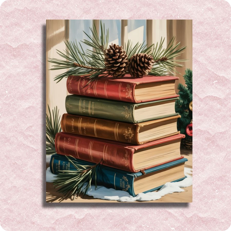 Stack of books with pine cones and branches on a textured pink background. Festive Book Stack - Paint by numbers