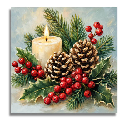 A square canvas print featuring a festive Christmas still life painting with a lit cream candle, pinecones, holly leaves, and red berries on a soft blue-gray background. Festive Candle Canvas - Paint by numbers