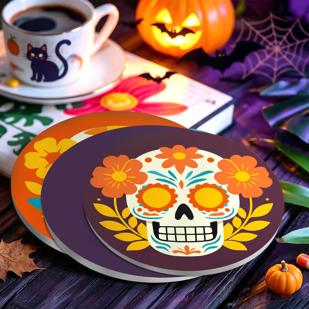 Three round coasters with a colorful sugar skull and floral design, styled on a dark wooden table with Halloween decorations including a cup of coffee with a cat, a jack-o'-lantern, and spiderwebs. Festive Sugar Skulls Coasters - 6 Pack Paint by Numbers Lifestyle