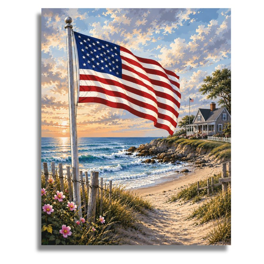 American flag waving on a beach with a house and ocean view at sunset. Flag by the Coast Canvas - Paint by numbers