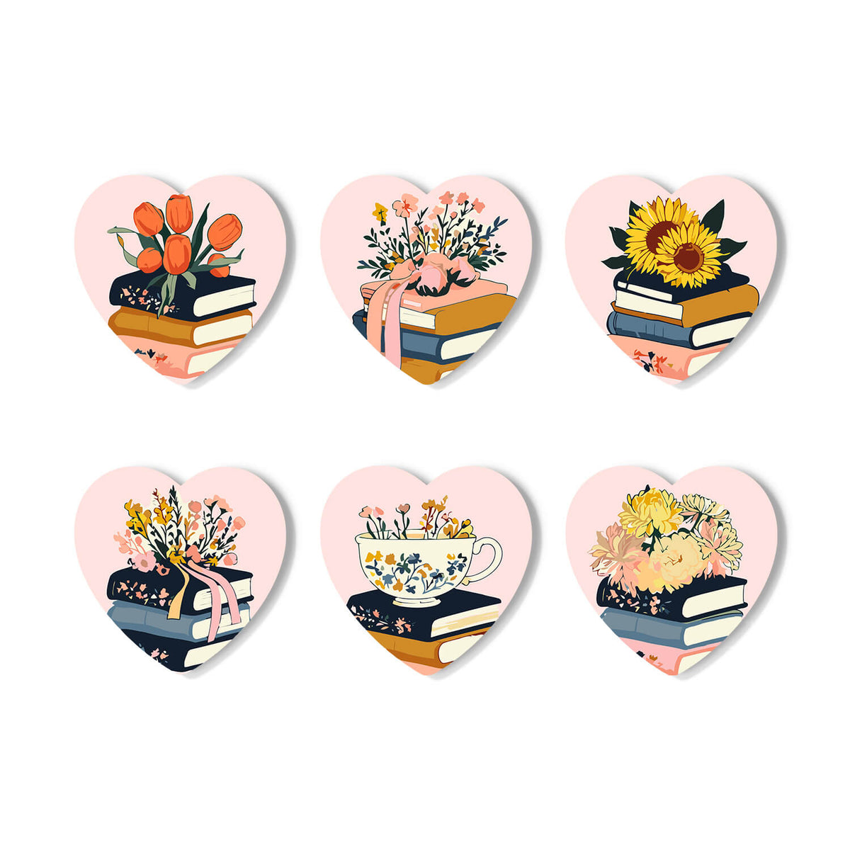 Six heart-shaped decorative stickers arranged in two rows on a white background. Each heart contains a pastel illustration with stacked books, flowers, a pink ribbon, a teacup, and a bird. Floral Blossoms Coasters - 6 Pack Paint by Numbers