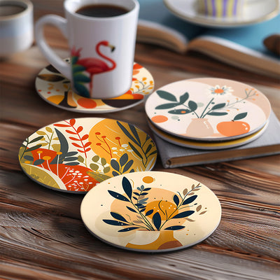 Set of colorful coasters on a wooden surface with a cup of coffee. Floral Modern Art Coasters 6 Pack Paint by Numbers Lifestyle