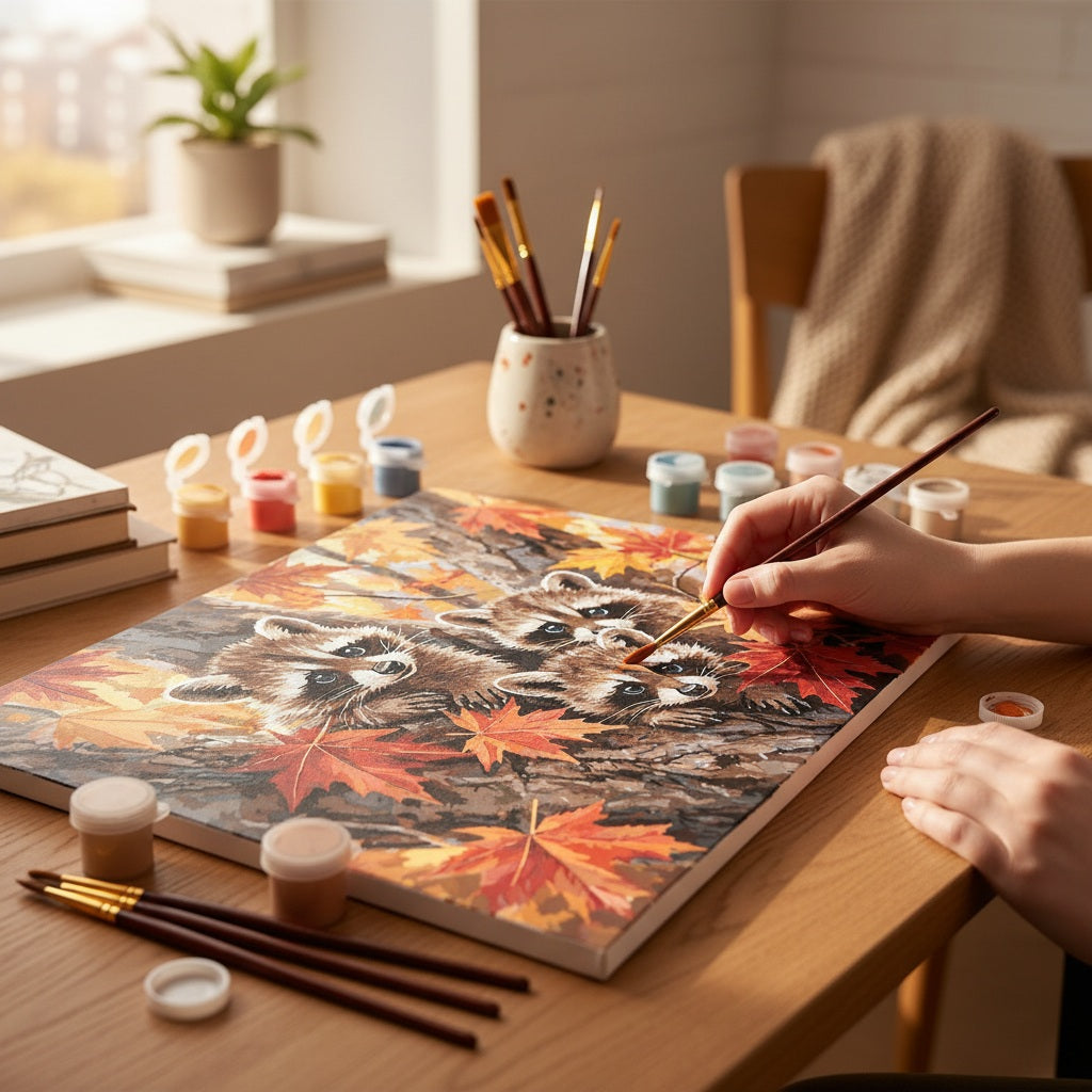 Person painting a detailed artwork of a raccoon and autumn leaves on a wooden table.