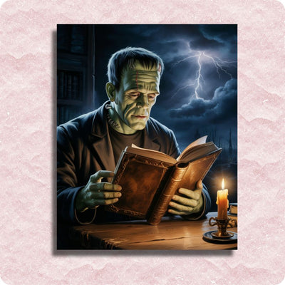 Frankenstein reading a book with a stormy background. Frankenstein’s Study - Paint by numbers