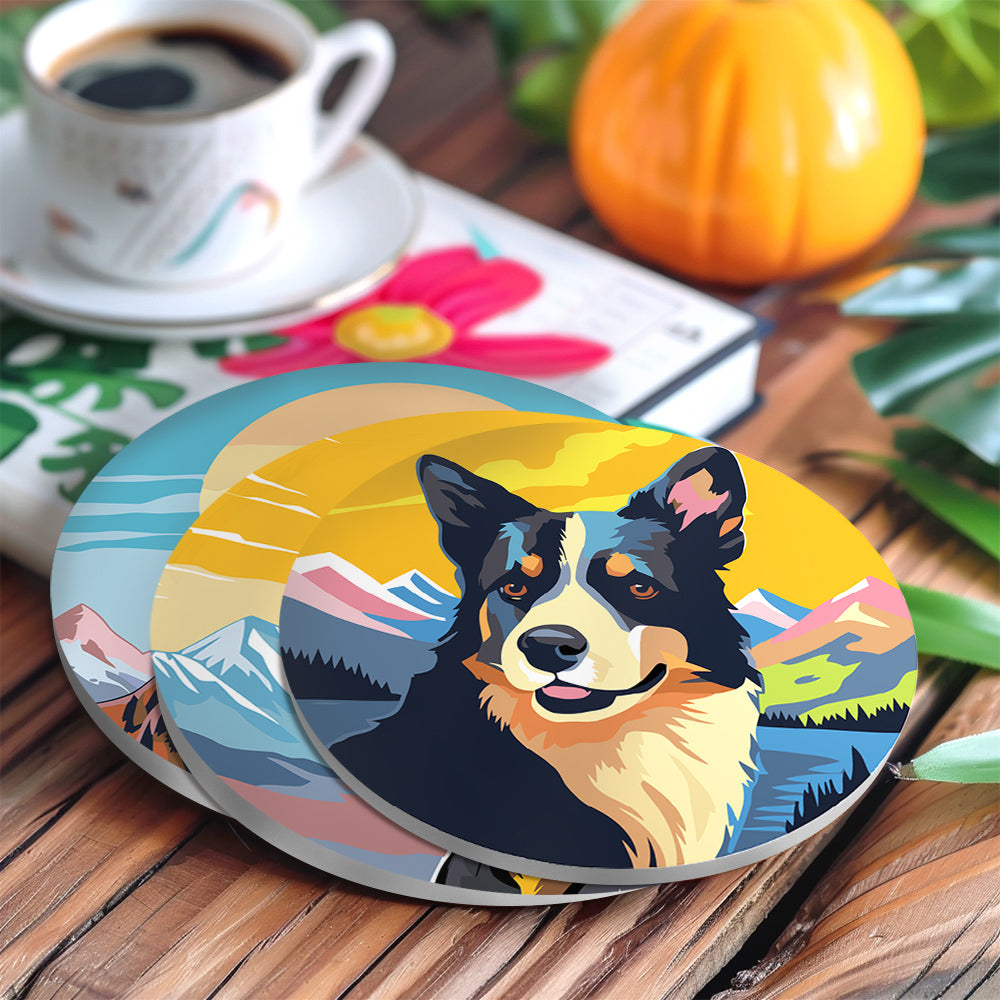 Coaster with a dog illustration on a wooden surface with a cup of coffee and pumpkin.Friendly Dog Coasters Paint by Numbers Lifestyle