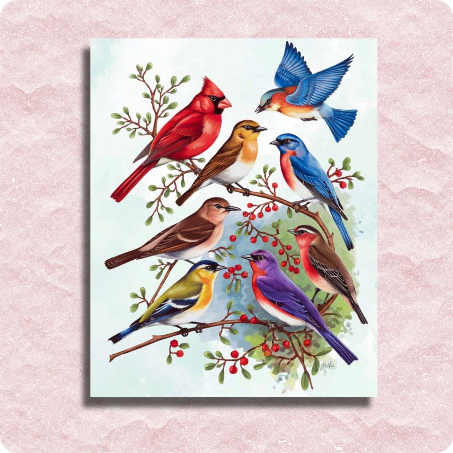 Colorful illustration of birds on branches with berries on a light blue background. Garden Birds Together - Paint by numbers
