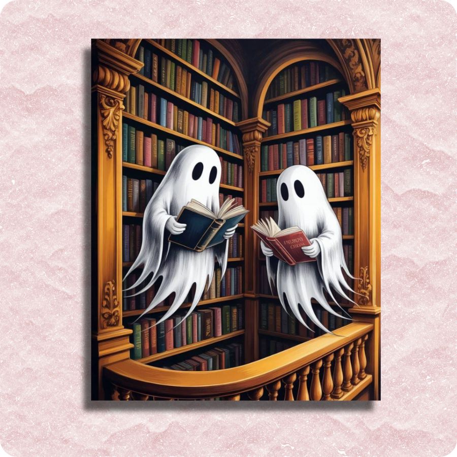 Two ghosts reading books in a library setting. Ghostly Library - Paint by numbers