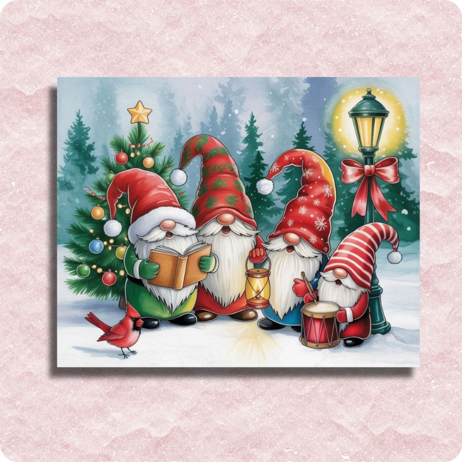 Illustration of four festive gnomes by a Christmas tree with a star on top, on a snowy background. Gnomes Singing Carols - Paint by numbers
