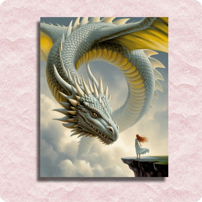 Illustration of a large dragon and a person on a cliff with a pink textured background. Golden Dragon Encounter - Paint by numbers