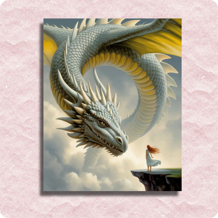 Illustration of a large dragon and a person on a cliff with a pink textured background. Golden Dragon Encounter - Paint by numbers