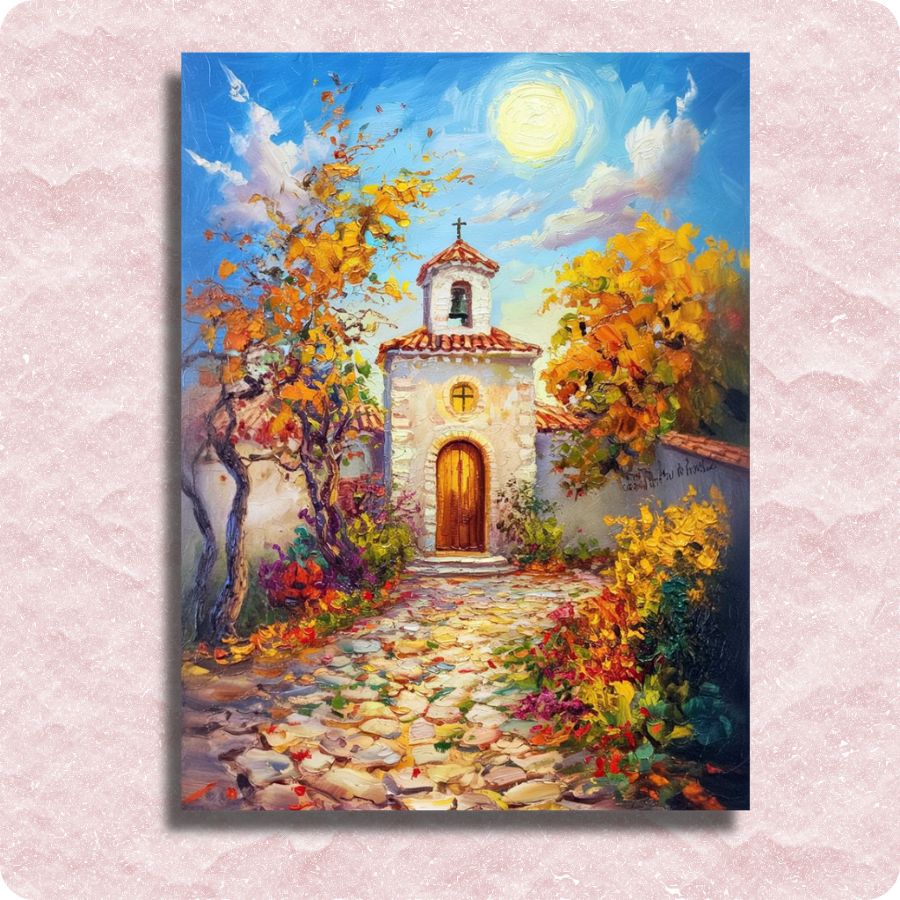 Painting of a small chapel with autumn trees and flowers on a textured pink background. Golden Garden Chapel - Paint by numbers