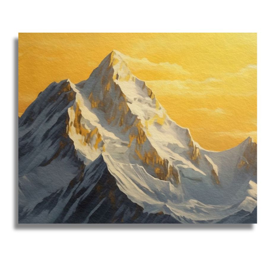 Painting of a mountain peak with a warm color palette. Golden Himalaya Dawn - Paint by numbers