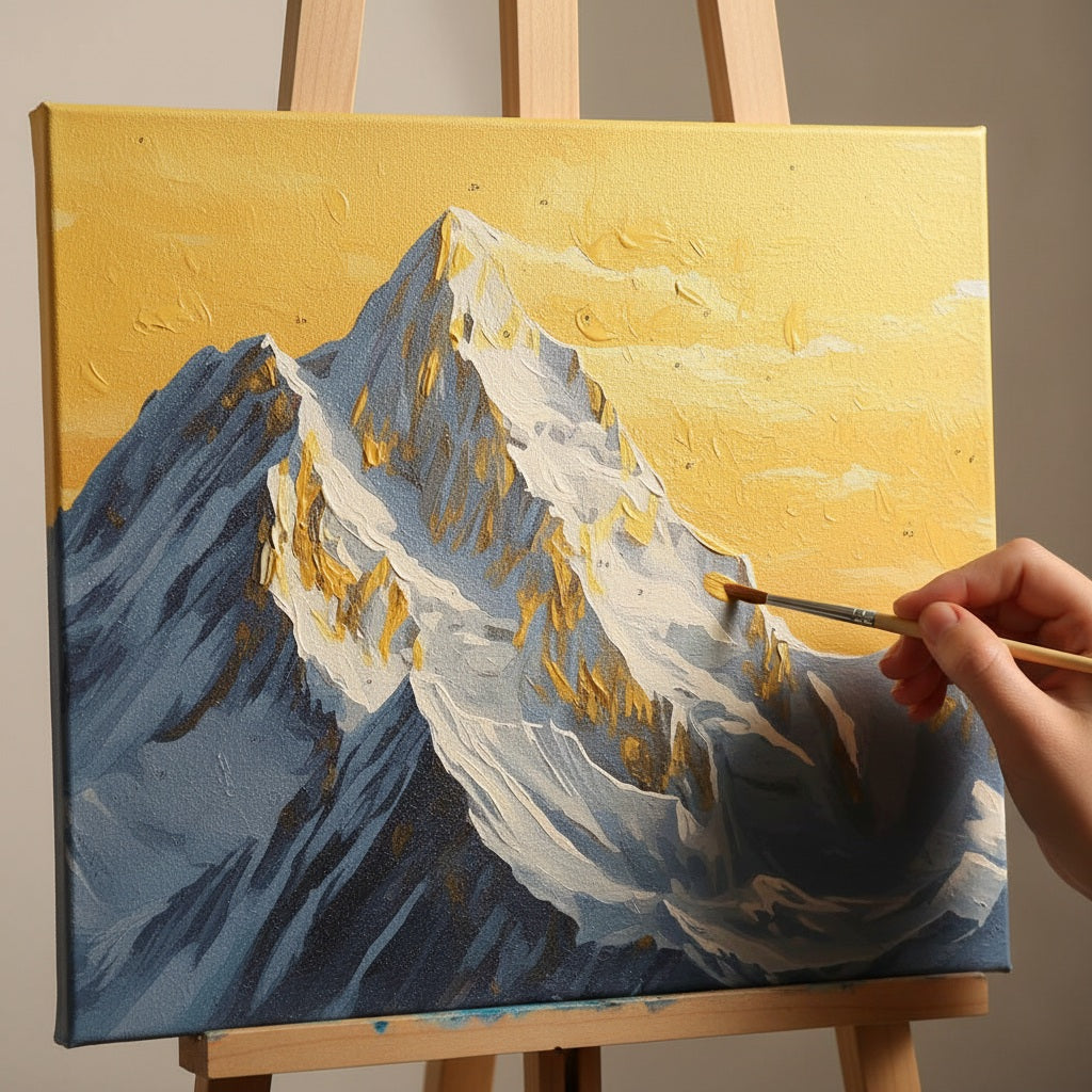 Person painting a mountain scene on a canvas with a paintbrush.
