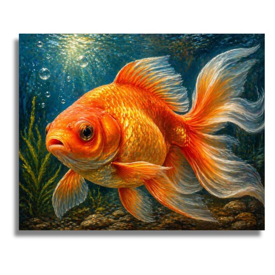 Goldfish swimming in an underwater scene with plants and bubbles. Goldfish Canvas - Paint by numbers