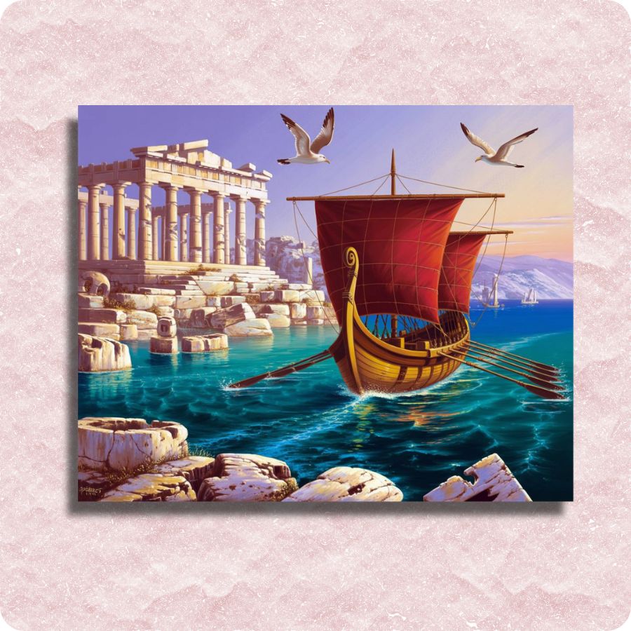 Greece Parthenon with a red sail ship and seagulls on a pink textured background. Greece Temple Ruins - Paint by numbers