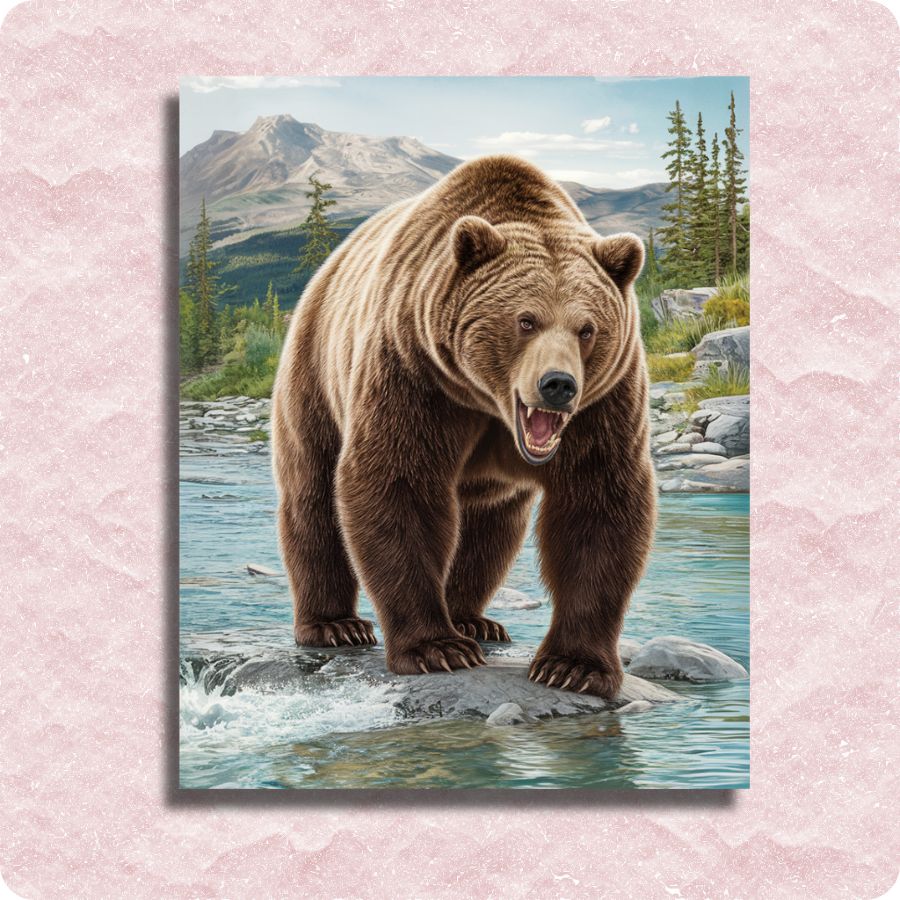 Grizzly bear standing on a rock in a mountainous landscape with a pink textured border. Guardian of the River - Paint by numbers