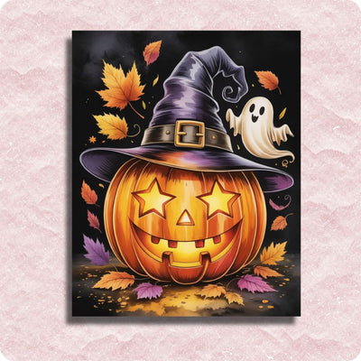 Halloween-themed painting with a jack-o'-lantern, witch hat, ghost, and autumn leaves on a dark background. Halloween Pumpkin Grim Smile - Paint by numbers