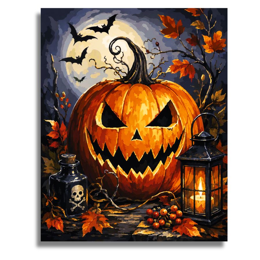 A Halloween-themed painting featuring a large carved orange pumpkin in the center, with bats flying in front of a full moon, autumn leaves, a black lantern with a lit candle, and a small skull-and-crossbones bottle on a dark surface. Halloween Pumpkin Grim Smile - Paint by numbers
