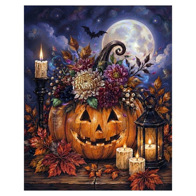 A Halloween-themed artwork showing a carved jack-o'-lantern pumpkin surrounded by autumn leaves, candles, a lantern, and a large full moon in a dark blue night sky, with a bat flying above. Halloween Pumpkin Canvas - Paint by numbers