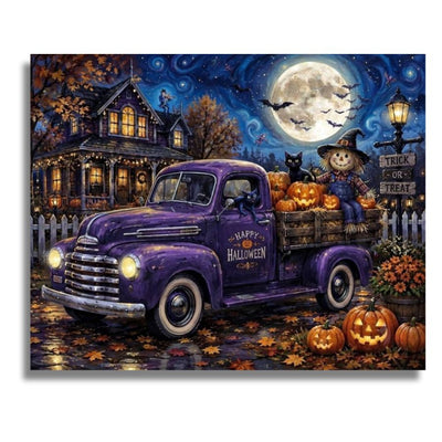 A square canvas print featuring a whimsical Halloween night scene with a purple pickup truck carrying pumpkins and a scarecrow, parked in front of a haunted house under a full moon. Halloween Truck Canvas - Paint by numbers