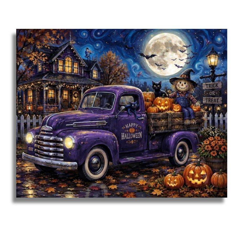 A square canvas print featuring a whimsical Halloween night scene with a purple pickup truck carrying pumpkins and a scarecrow, parked in front of a haunted house under a full moon. Halloween Truck Canvas - Paint by numbers