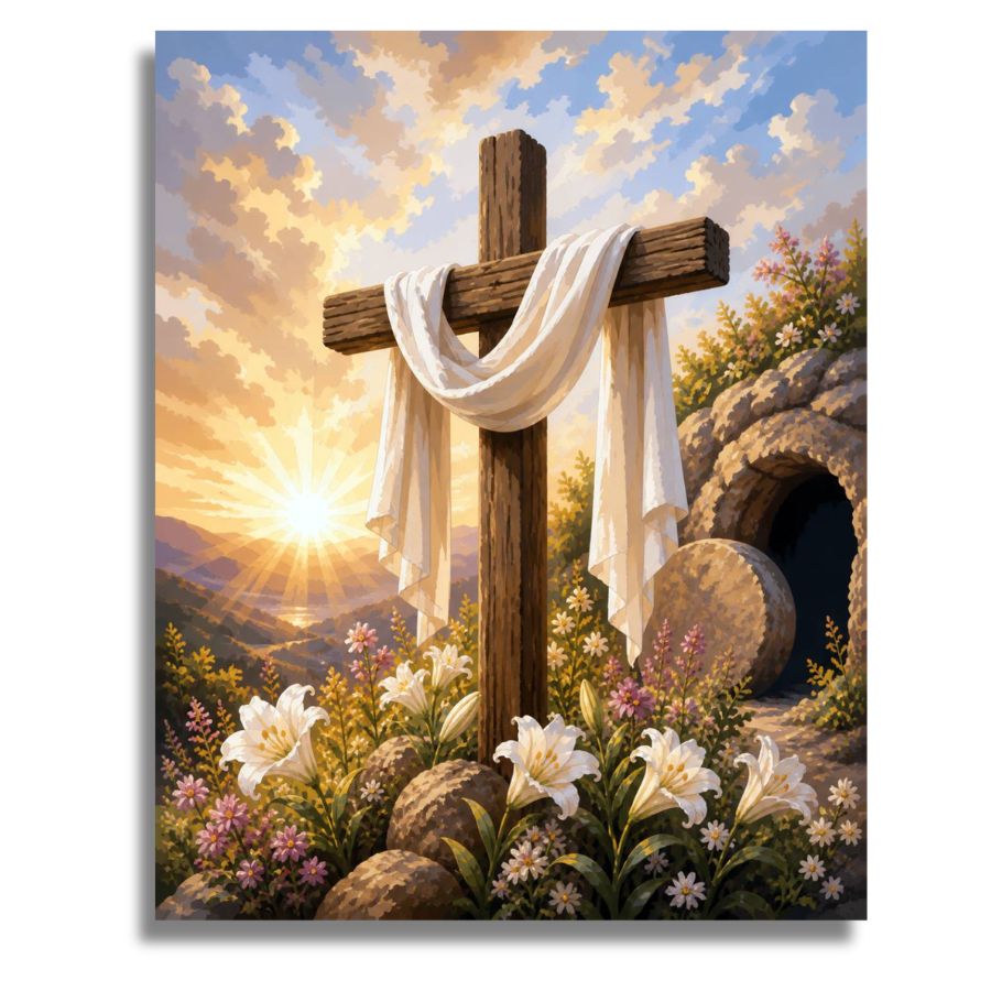 Wooden cross with white cloth draped over it, surrounded by flowers and a mountainous landscape with a bright sky. He is Risen - Paint by numbers