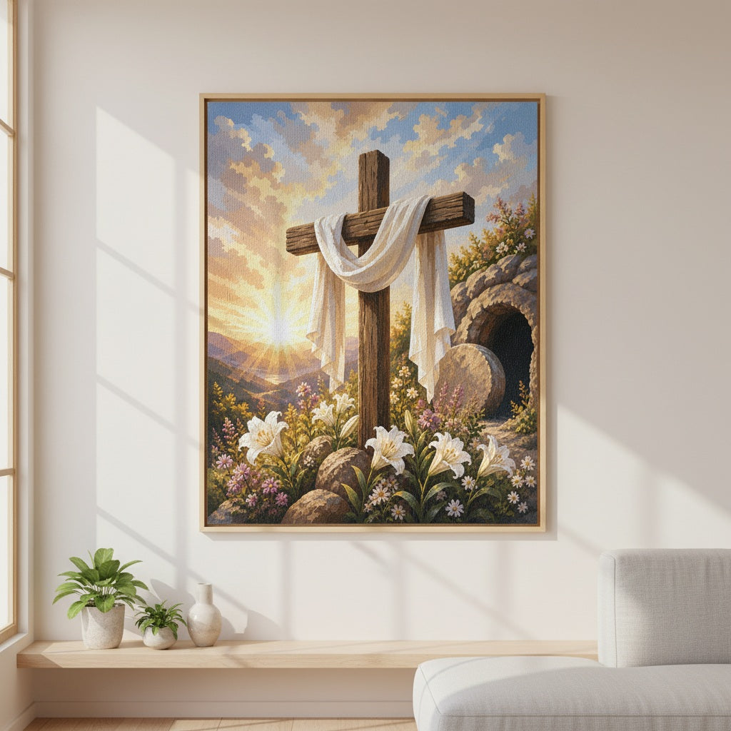 Framed artwork of a cross with a scenic background in a room with a window and plants.
