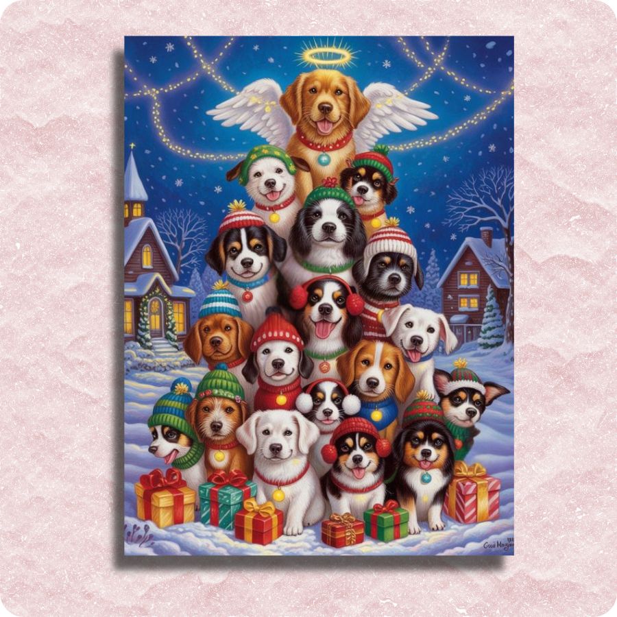 Illustration of dogs in winter hats and scarves with presents against a snowy village background. Holiday Dog Pack - Paint by numbers