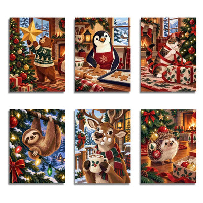 Six Christmas-themed animal illustrations arranged in a 2x3 grid, each showing a different pet in cozy holiday scenes: a bear decorating a tree, a penguin baking cookies, a cat wrapping presents, a sloth hanging in a Christmas tree, a deer holding a mug, and a hedgehog by a fireplace with ornaments. Holiday Helpers - Mini Paint by numbers