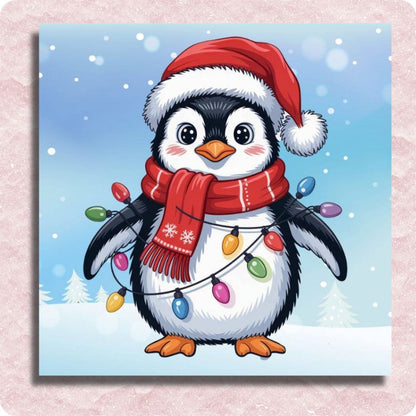 Cartoon penguin wearing a Santa hat and scarf with Christmas lights against a snowy background. Holiday Penguin - Paint by numbers