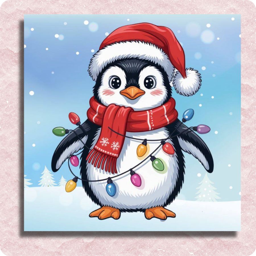 Cartoon penguin wearing a Santa hat and scarf with Christmas lights against a snowy background. Holiday Penguin - Paint by numbers