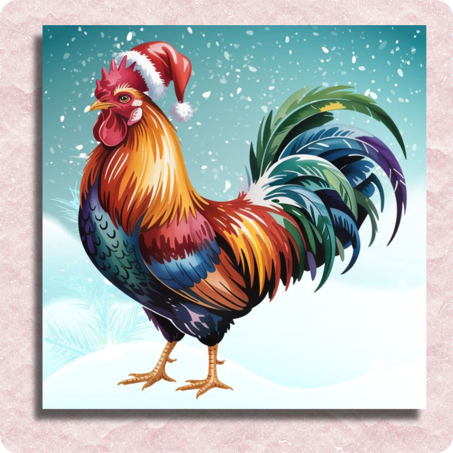 Colorful rooster with a Santa hat on a snowy background. Holiday Rooster Charm - Paint by numbers