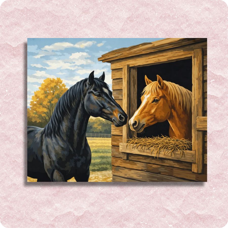 Painting of two horses, one black and one with a light coat, interacting in a rural setting. Horse Friends - Paint by numbers
