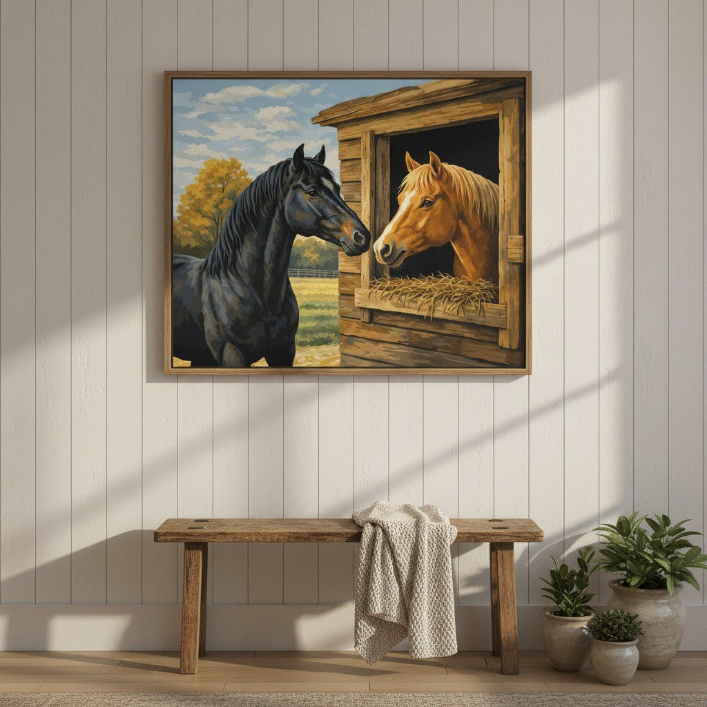 Framed artwork of two horses on a wall with a wooden bench and plants below.