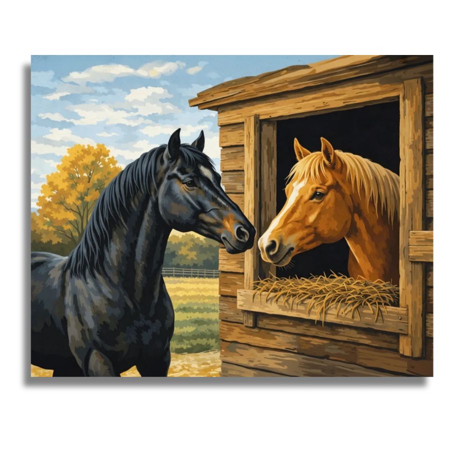 Painting of two horses, one black and one with a light coat, interacting in a rural setting. Horse Friends - Paint by numbers