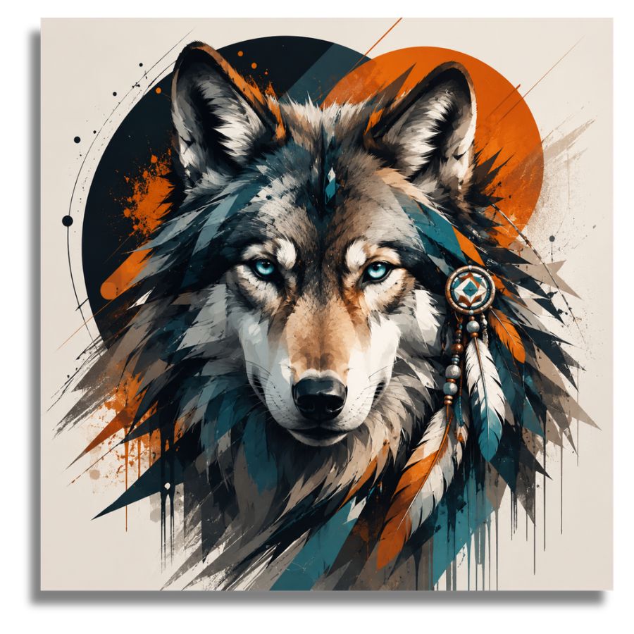 Colorful painting of a wolf with a dreamcatcher on a beige background. Indian Spirit of the Wild Canvas - Paint by numbers
