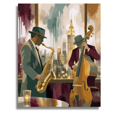 Two musicians playing saxophone and double bass with a city skyline in the background. Jazz Club - Paint by numbers