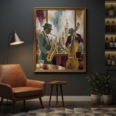 Framed artwork of two musicians playing saxophone and double bass in a cityscape, displayed in a room with a brown armchair and side table.