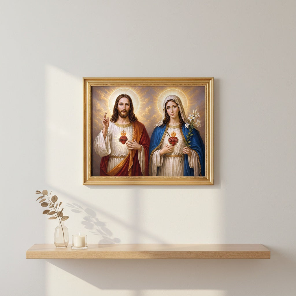 Framed artwork of two religious figures holding hearts on a wall above a shelf. Jesus and Virgin Mary - paint by numbers