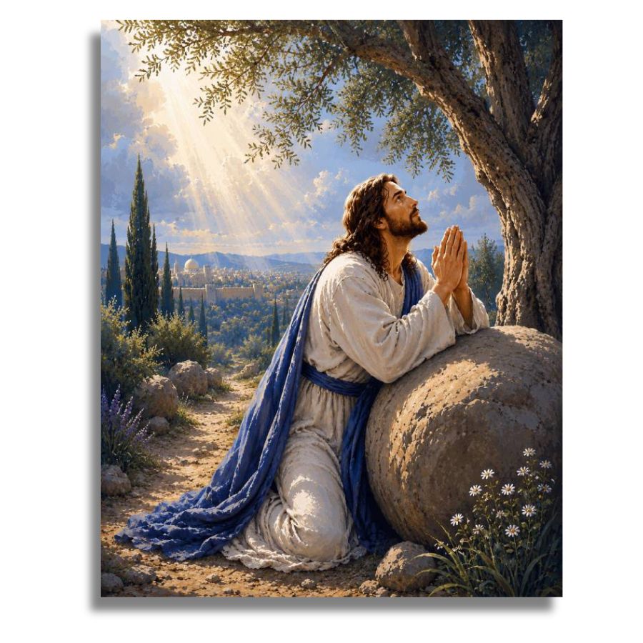 Painting of a Jesus in a serene outdoor setting with trees and mountains. Jesus in the Garden of Gethsemane - Paint by numbers