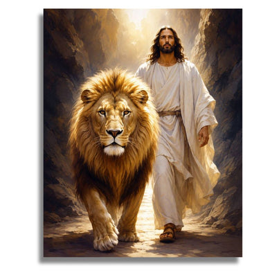 A dramatic religious artwork showing Jesus in flowing white robes walking beside a large golden lion in a rocky, sunlit passage. Jesus is the Lion of Judah Canvas - Paint by numbers Kit
